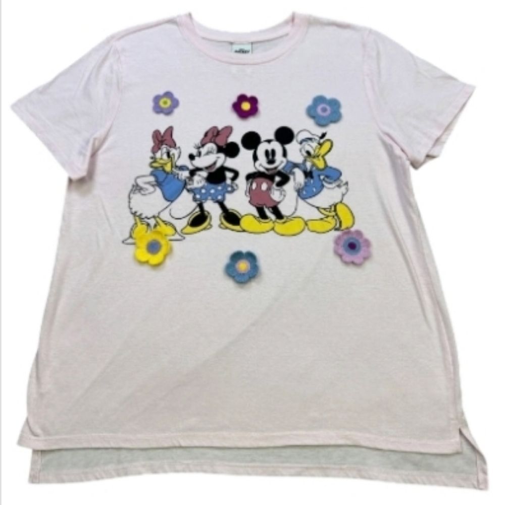 Disney Light Pink Women's' Mickey & Friends Graphic Tee XL With Crochet Flowers